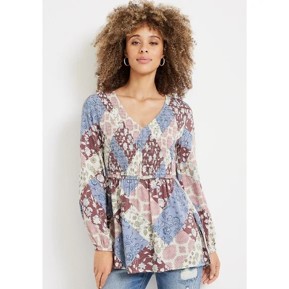 MAURICES Patchwork Floral Print Long Sleeve Peplum Top, V Neck, Smocked Chest - Picture 14 of 15